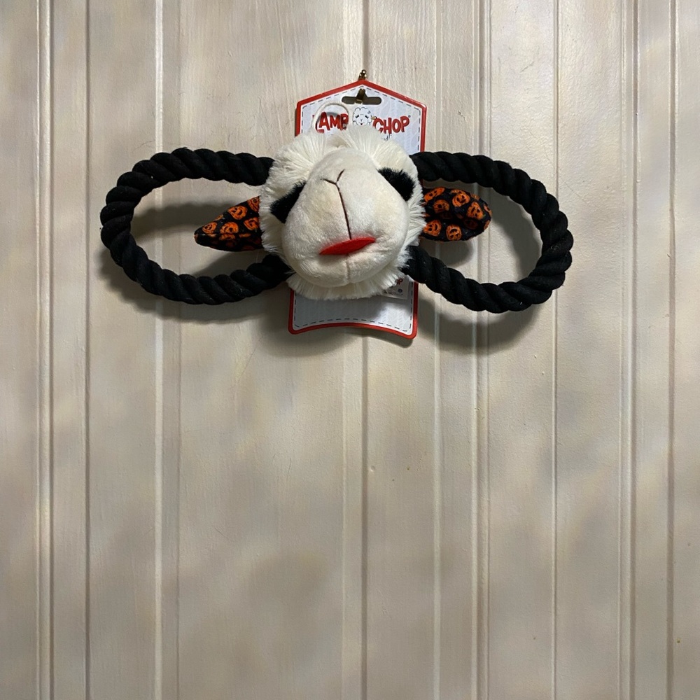 MULTI PET LAMB CHOP  HEAD with ROPE PULL Puppy/Dog Toy NWT 14” clinker squeaker